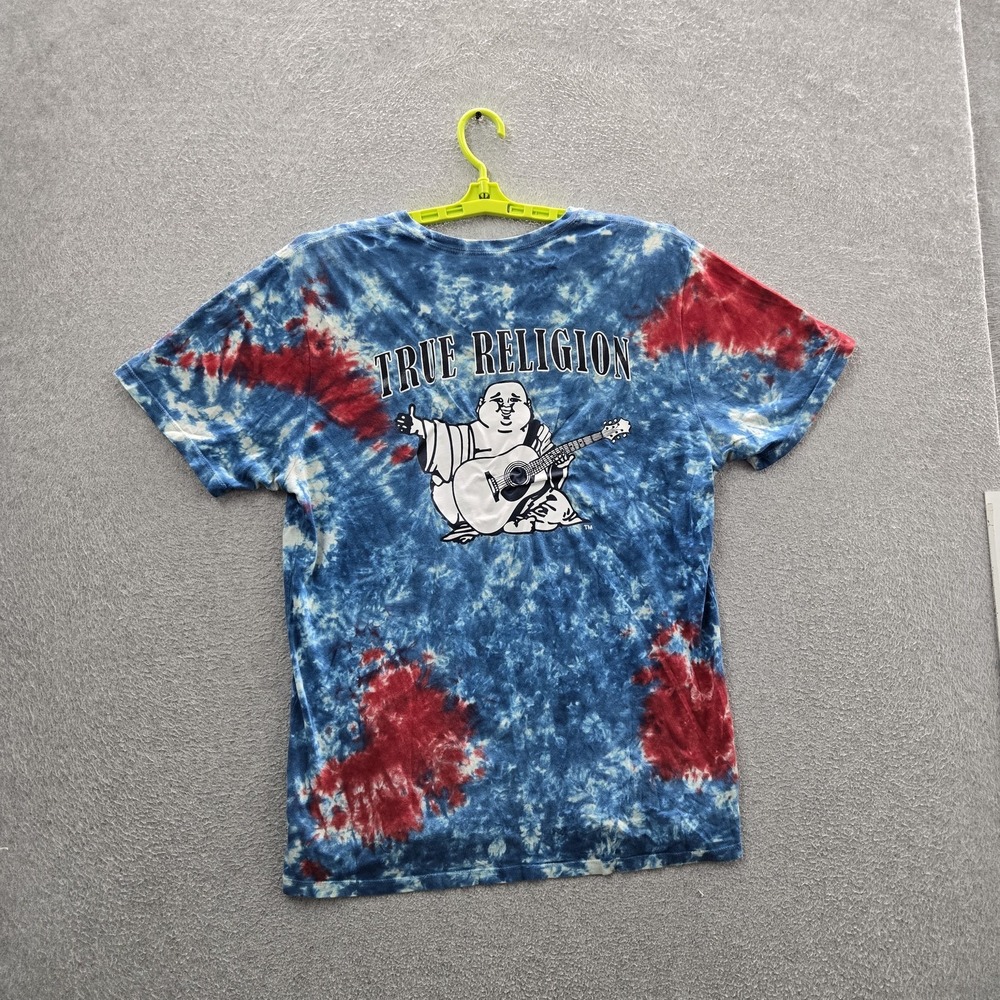 True Religion Men Shirt L/G Blue Tie Dye Buddha Guitar Logo Short Sleeve